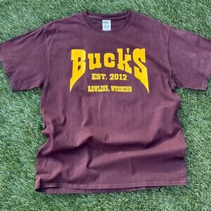 Y2k burgundy and yellow bucks tee